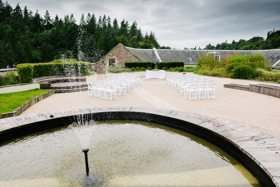 Water feature with outdoor ceremony set up