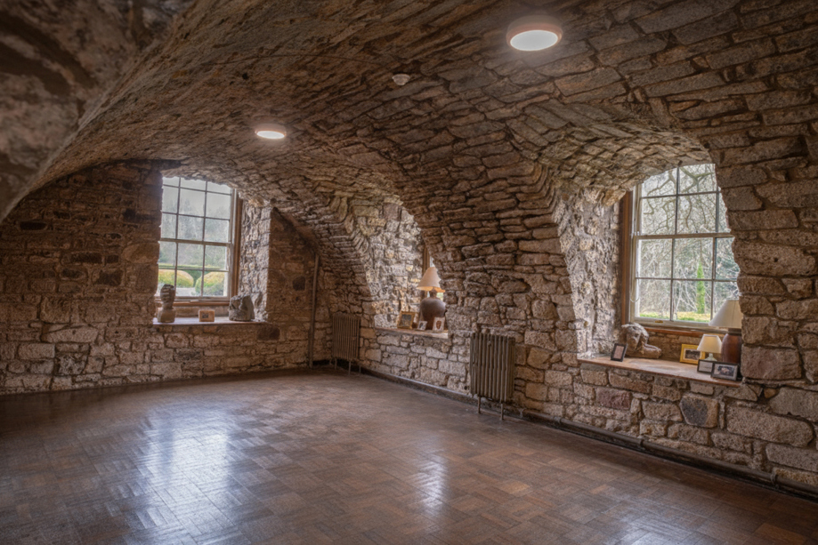 Stone vaulted room at Newbattle Abbey College with arched ceiling and wooden floors for wedding reception or drinks