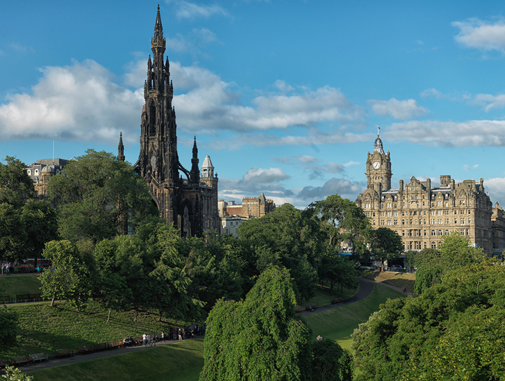 Exterior view of The Balmoral Hotel Edinburgh overlooking Princes Street Gardens and Scott Monument