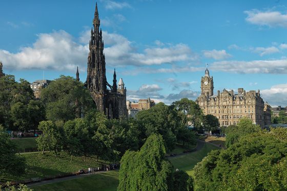 Exterior view of The Balmoral Hotel Edinburgh overlooking Princes Street Gardens and Scott Monument