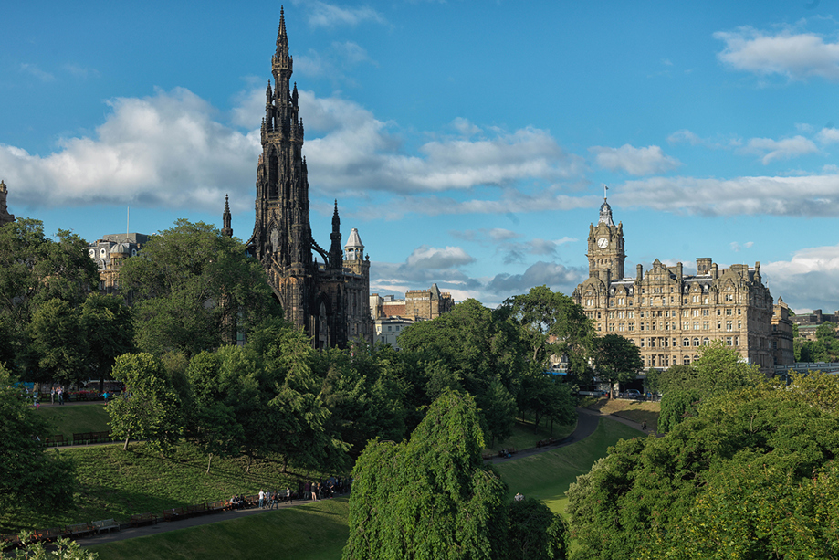 Exterior view of The Balmoral Hotel Edinburgh overlooking Princes Street Gardens and Scott Monument