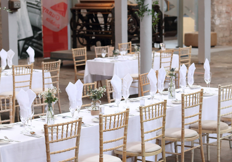 Chiavari chairs at long tables for wedding breakfast at Verdant Works