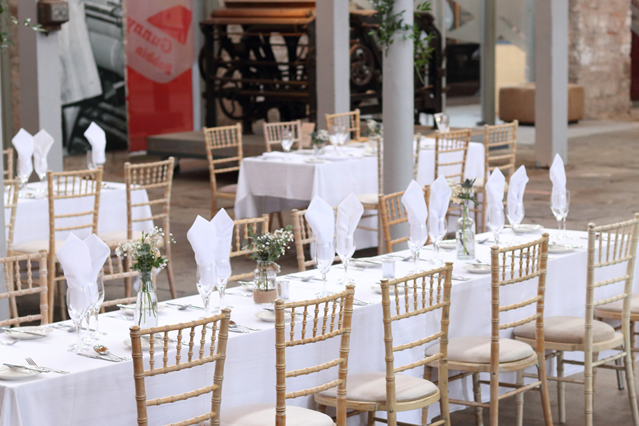 Chiavari chairs at long tables for wedding breakfast at Verdant Works