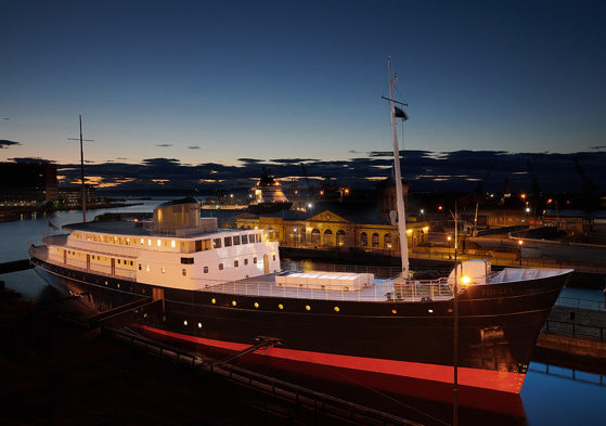 View of Fingal Hotel, a ship hotel wedding venue in Edinburgh, at sunset.