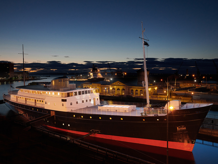 View of Fingal Hotel, a ship hotel wedding venue in Edinburgh, at sunset.