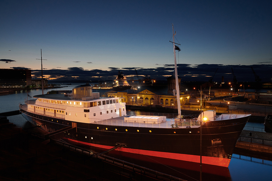 View of Fingal Hotel, a ship hotel wedding venue in Edinburgh, at sunset.