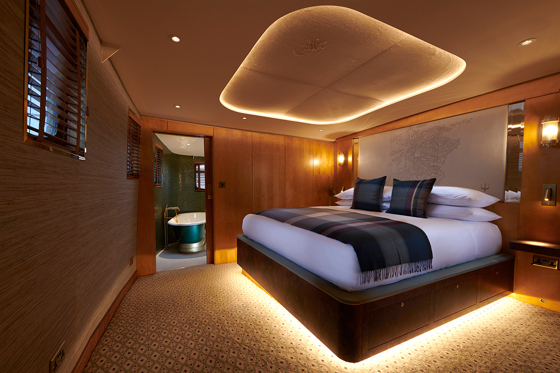 Skerryvore Suite at Fingal Hotel, a ship wedding venue in Edinburgh, with under bed lighting.