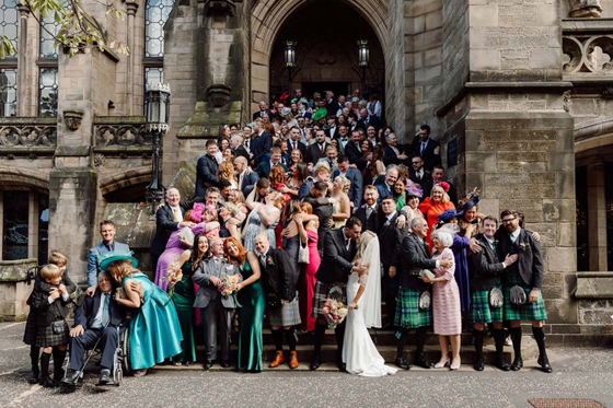 Group shot outside the Memorial Chapel at the Univeristy of Glasgow.