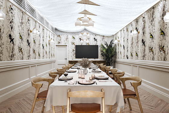 Wedding meal set up at The Collector's Hall in room with long table, wooden and maroon seats, draped ceiling with hanging lights and bird wallpaper.