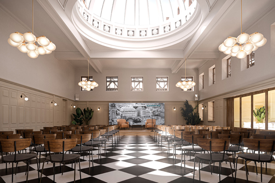 Wedding meal set up beneath glass dome, with checkerboard flooring and bubble chandeliers.