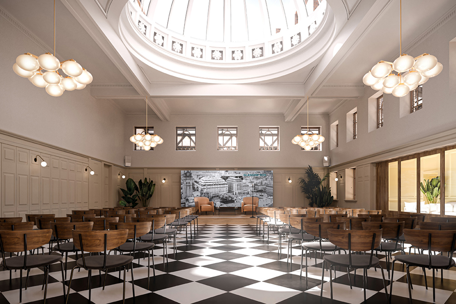 Wedding meal set up beneath glass dome, with checkerboard flooring and bubble chandeliers.